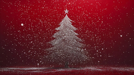 Glittery silver Christmas tree silhouette against a red background with falling snowflakes.