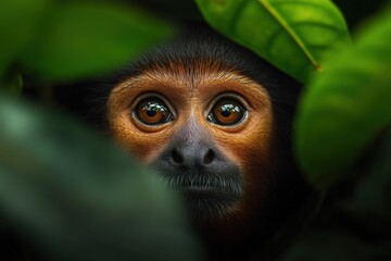 Fototapeta premium closeup of a monkey peering through lush green foliage