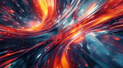 Abstract swirling energy, vibrant red, orange, and blue light streaks.