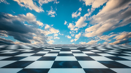 Abstract checkerboard floor with blue sky and clouds, surreal perspective and limitless concept. Intriguing Optical Illusions. Illustration