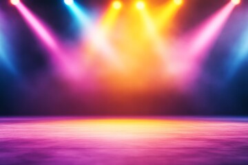 A vibrant stage scene illuminated by colorful spotlight beams, creating an inviting atmosphere for performances or events.