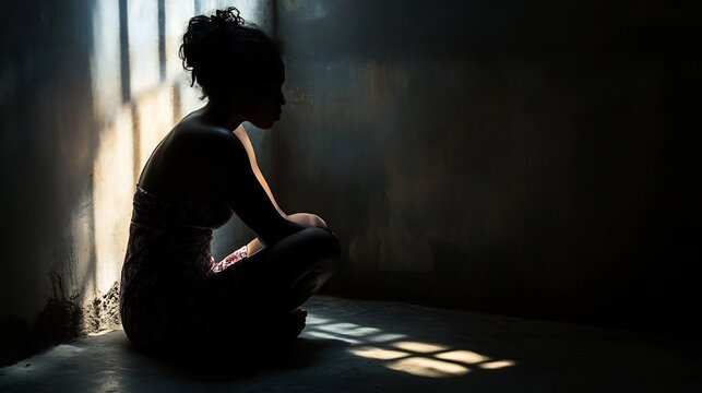 Dramatic silhouette of a lone human figure sitting at a window in a dark moody room depicting the plight and isolation of victims of human trafficking and exploitation