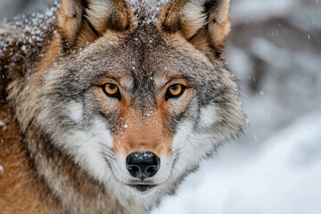 Fototapeta premium Close-up of a majestic wolf in a snowy landscape, showcasing intense golden eyes and thick fur dusted with snowflakes.