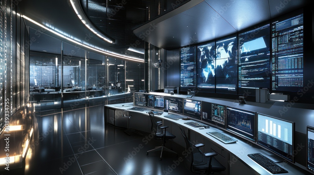 Poster a high-tech control room with multiple screens displaying data and global maps.