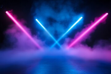 A vibrant display of blue and pink lights piercing through a smoky background, creating a dynamic and energetic atmosphere.