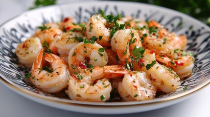 A plate of seasoned shrimp garnished with herbs, ready to be served as a delicious meal.