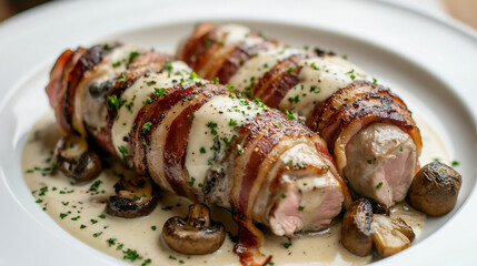 Sliced bacon-wrapped pork tenderloin with mushrooms and cream sauce on white plate, 