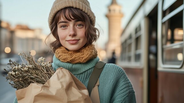 Ritratto di una giovane donna in citt&agrave;, tra calore e naturalezza. Un momento autentico di vita urbana, con stile e semplicit&agrave;.