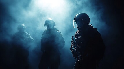 Captivating documentary style photograph depicting a tense confrontation during a protest against police brutality  The dramatic lighting and presence of smoke create an impactful moody atmosphere