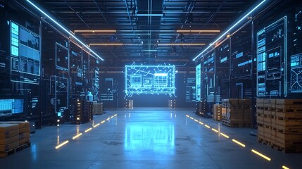 Futuristic Logistics Hub with Holographic Data Displays for Supply Chain Optimization