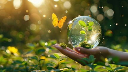 A Hand Holding A Crystal Ball With A Plant Inside