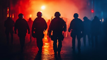 Silhouetted figures amidst dramatic lighting and smoke captured during a nighttime protest in a city setting conveying the tension and conflict of a social unrest or police brutality incident