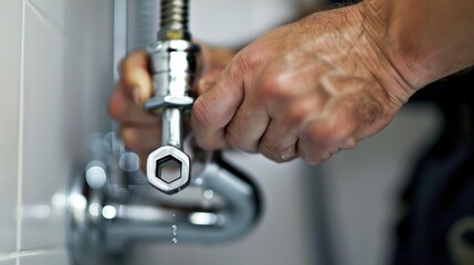 Close-up of plumber's hands using a wrench to fix a leaking faucet in a bathroom. Concept of home repair, maintenance, plumbing services.