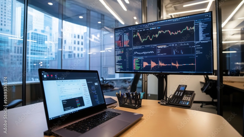 Aufkleber This workspace features two monitors stacked with graphs and financial information, alongside a laptop. The large windows beside the setup provide a view of a bustling cityscape during the day.