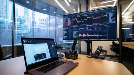 Naklejka premium This workspace features two monitors stacked with graphs and financial information, alongside a laptop. The large windows beside the setup provide a view of a bustling cityscape during the day.