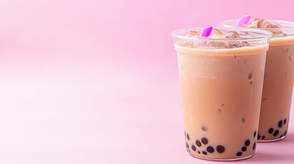 Refreshing Iced Taiwanese Coffee with Milk and Boba Pearls Served in Transparent Cups on a Soft Pink Background
