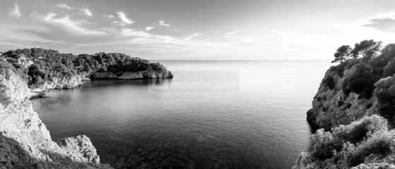 Fototapeta premium serene coastal landscape in black and white with calm waters and rocky cliffs