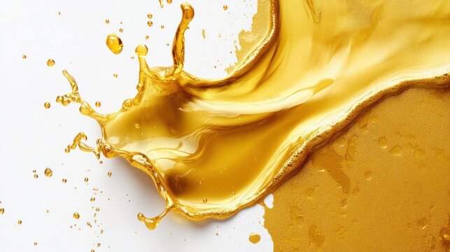 Golden liquid splash on white background.
