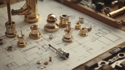 A collection of brass plumbing components arranged on architectural blueprints.