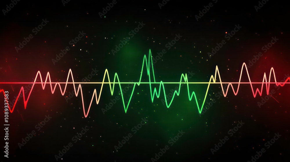 Poster A vibrant and abstract sound wave graphic with red and green lines on a black background with sparkling glitter.