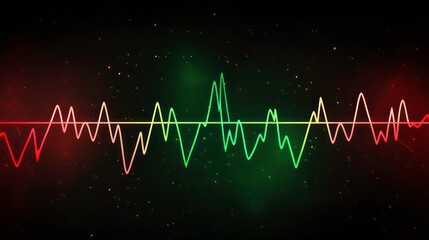 A vibrant and abstract sound wave graphic with red and green lines on a black background with sparkling glitter.