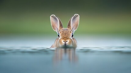 a rabbit emerging from water with a serene background