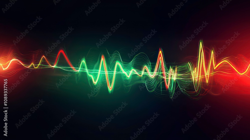 Aufkleber Abstract digital sound wave with red and green light trails on a dark background.