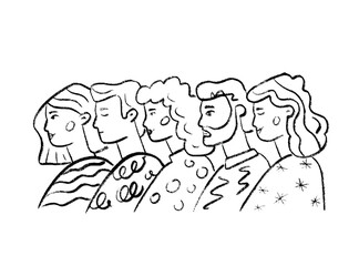 A black and white linear drawing of people standing shoulder to shoulder, each with a unique hairstyle and style of clothing. A symbol of diversity and uniqueness of each.