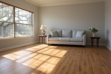 Spacious, well lit living room with couch, chairs, table, and large window for natural light