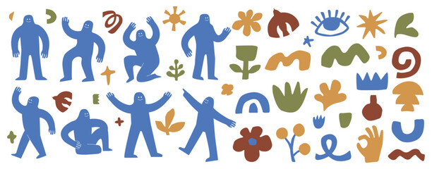A set of doodle playful human silhouettes surrounded by hand-drawn organic elements. Creatures and shapes in a naive style.