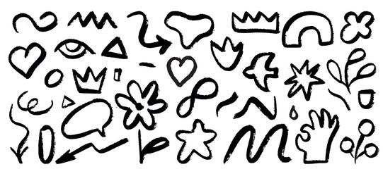 A whimsical and childish collection of design elements, reminiscent of the drawings in a sketchbook. Expressive doodle elements of different shapes.