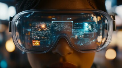 A close-up shot of a person wearing clear glasses that display a digital city map with blue and white lights. The glasses appear to be part of a futuristic augmented reality headset.