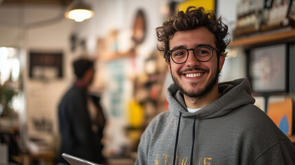 Fototapeta premium Young Entrepreneur Smiling Confidently in a Creative Workspace, Showcasing Passion and Innovation, Inspiring Future Generations of Business Leaders