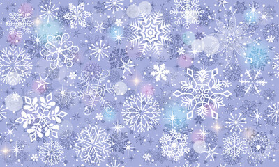 Vector festive gentle seamless Christmas pattern with lace snowflakes and stars. Bokeh