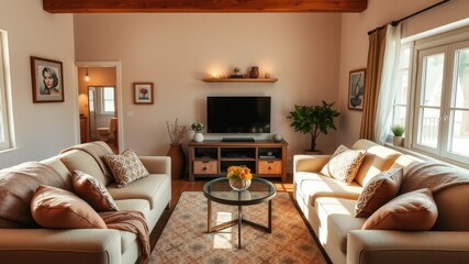 Fototapeta premium Charming Contemporary Apartment with Warm Hues and Affordable Furnishings for New Renters