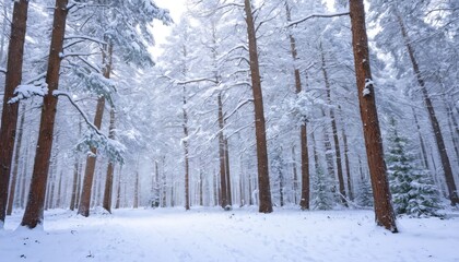 Fototapeta premium Serene winter forest with snow-covered pine trees under a clear sky