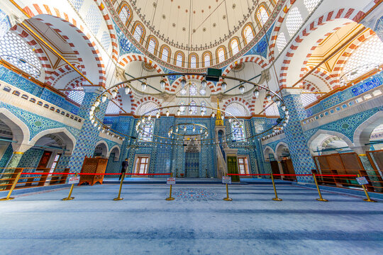 Interior of Rustem Pasa Mosque in Istanbul. Famous Rustem pasha mosque interior. Iznik blue tiles. Rustem Pasa Mosque most beautiful and classical