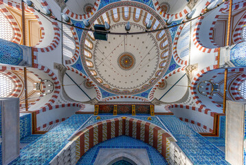 Interior of Rustem Pasa Mosque in Istanbul. Famous Rustem pasha mosque interior. Iznik blue tiles. Rustem Pasa Mosque most beautiful and classical
