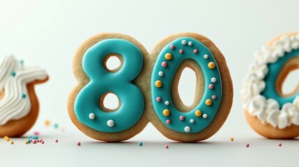 Cookies shaped like the number 80 decorated with blue icing and colorful sprinkles, placed on a light background.