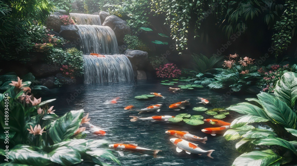 Poster a tranquil scene of a koi pond with a waterfall cascading down rocks, surrounded by lush greenery.
