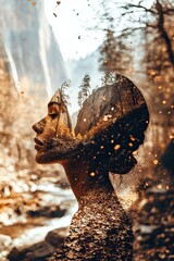 Double exposed woman face with forest inside