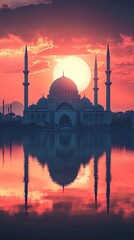 Fototapeta premium Ramadan kareem eid mubarak mosque in evening with sun light background generative ai