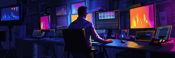 Colorist's Vision: A colorist working in a dark room