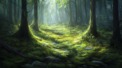 Sunlit Mossy Forest Path: Lush Green Woodland Trail Digital Painting
