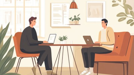 Two Men Working Together on Laptops in a Modern Office