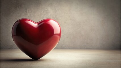 Fototapeta premium A glossy red heart rests on a simple, textured surface, against a backdrop of neutral gray. The heart is a symbol of love, passion, and affection, evoking feelings of warmth and compassion.