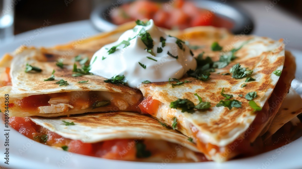 Poster a close up of a plate of chicken quesadillas topped with sour cream and cilantro.