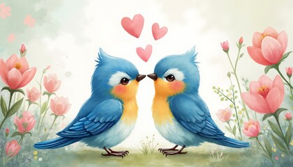 Charming Watercolor Illustration of Two Bluebirds Sharing a Kiss