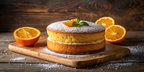 A simple cake with a slice of orange and powdered sugar on a wooden board