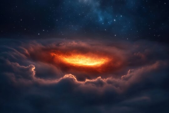 a stunning view of a cosmic phenomenon surrounded by clouds and stars